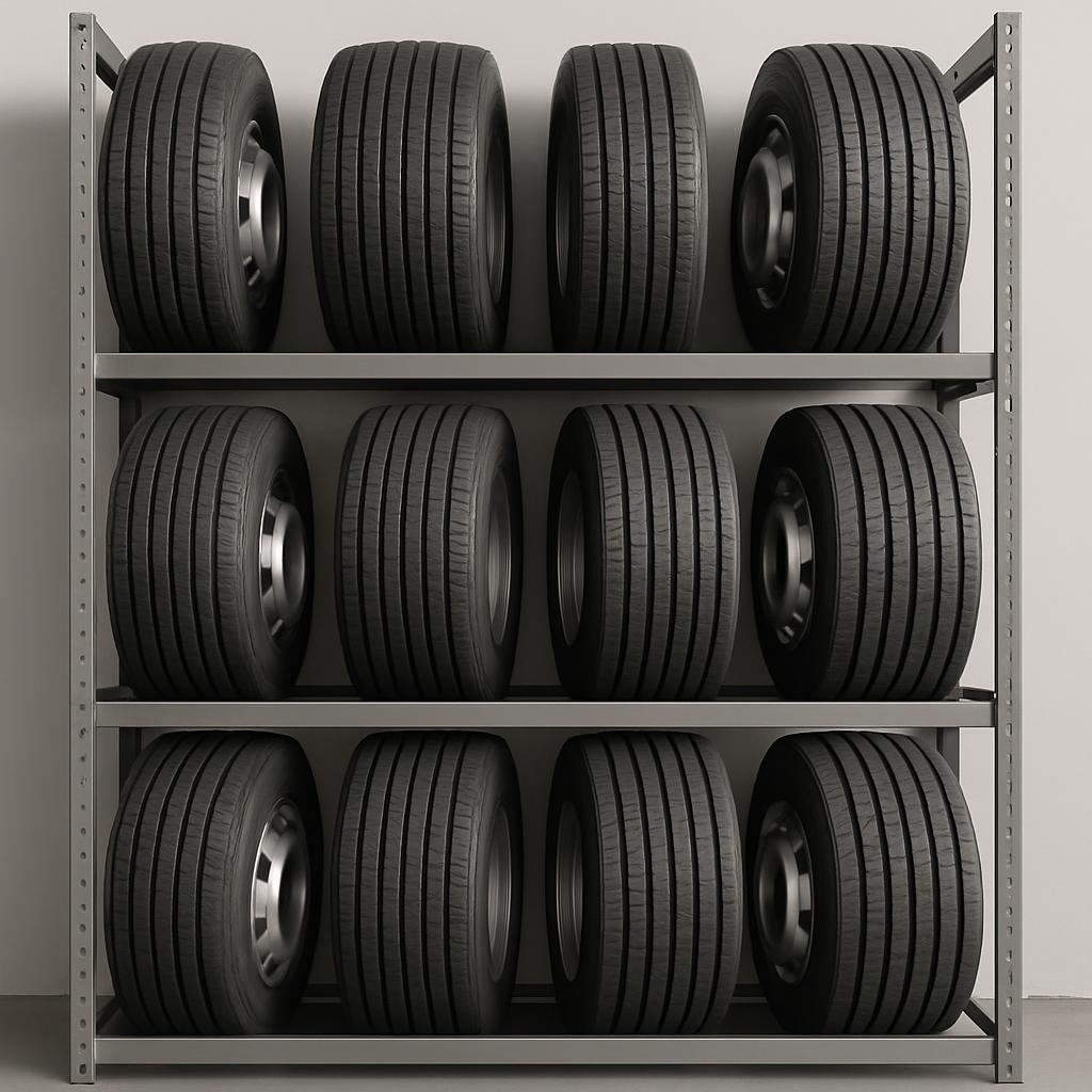 The image presents a rack featuring nine tires, with the front two corresponding to their own row, the other three being i...