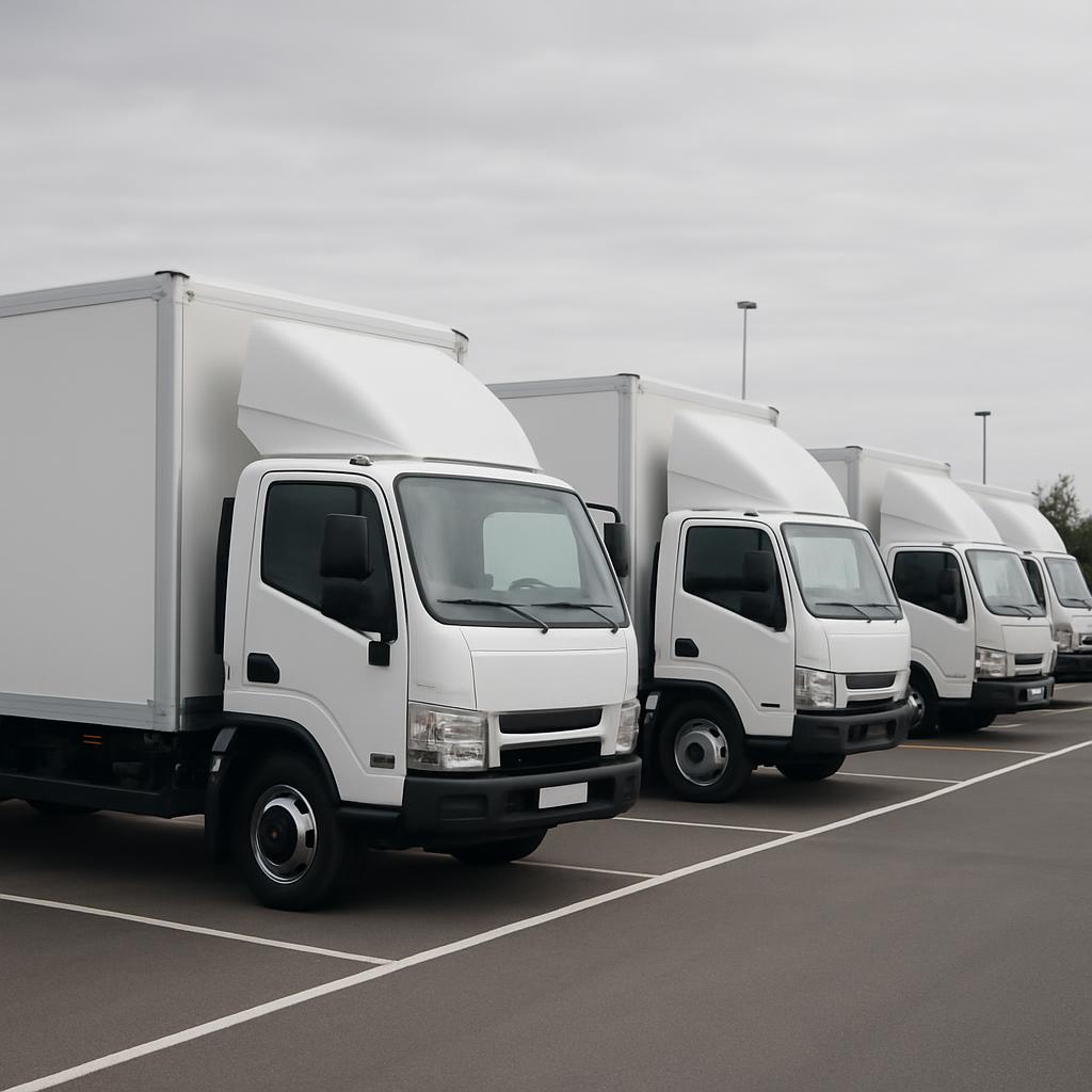 A row of white box cargo trucks, parked in a lot. The trucks are lined up close together in the lot, with only the fronts ...