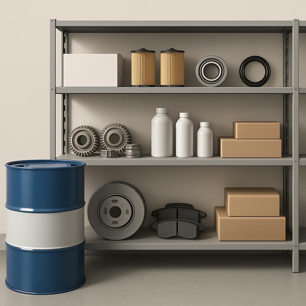 A shelf stocked with storage items and machinery parts