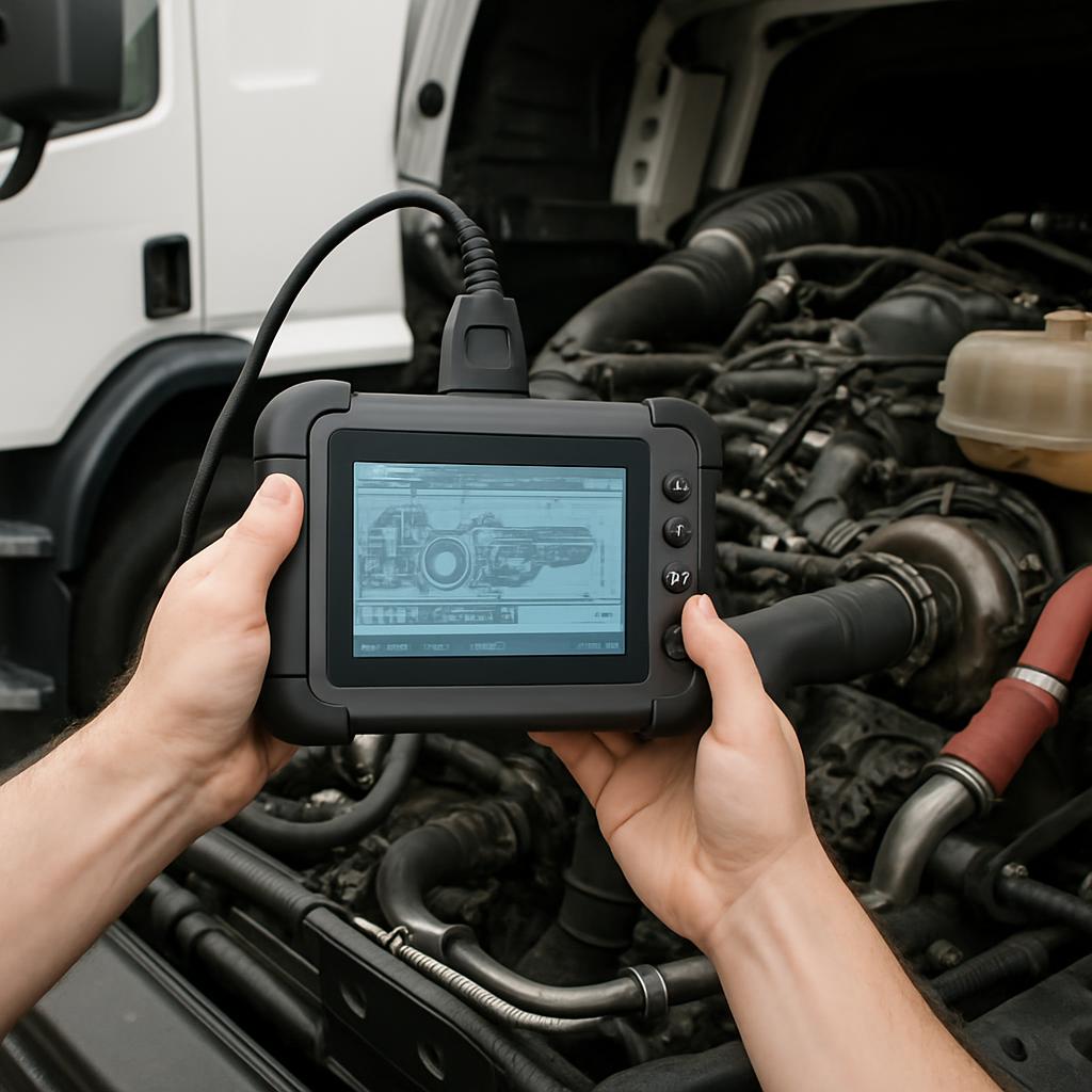 Below is an image of a mechanic performing diagnostic work. [Caption: Mechanic uses vehicle engine scanning diagnostic too...