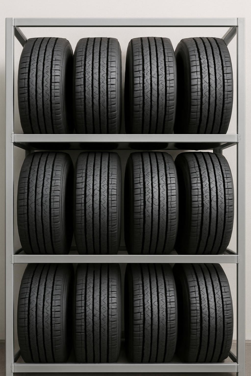 Here is the alt text for the image: A rack holding many tires.